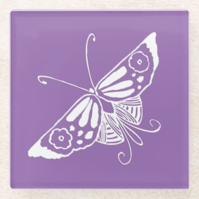 White Art Deco Butterfly - Customisable Background Glass Coaster (Front)
