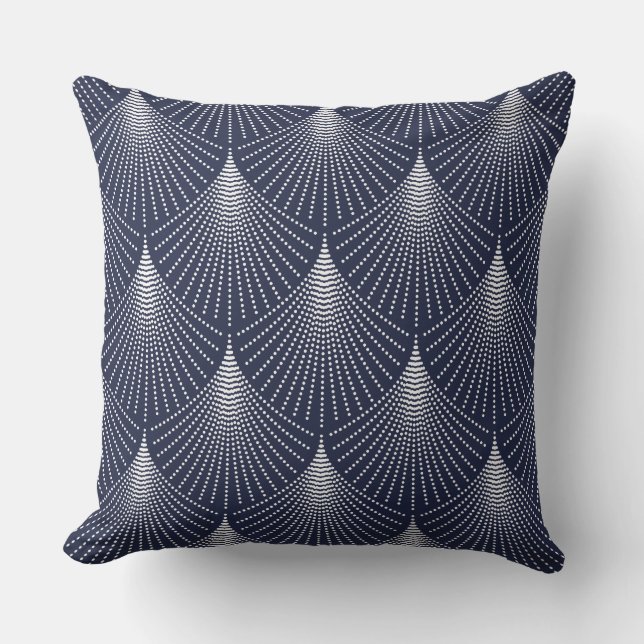 White Art-deco Geometric Pattern On Blue Cushion (Front)
