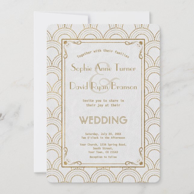 White Art Deco Gold 1920s Wedding Invite (Front)