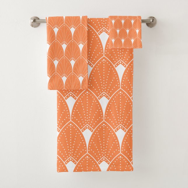 White Art Deco pattern 2 on orange background Bath Towel Set (Insitu)