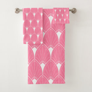 White Art Deco pattern 2on pink background Bath Towel Set