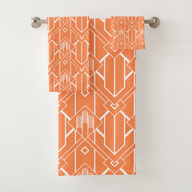 White Art Deco pattern 3 on orange background Bath Towel Set (Insitu)