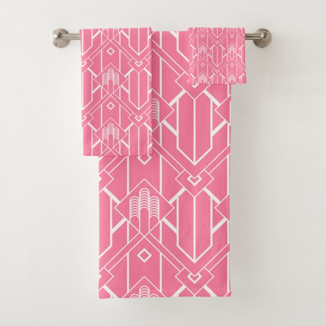 White Art Deco pattern 3 on pink background Bath Towel Set (Insitu)