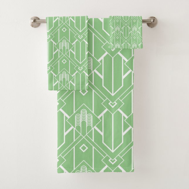White Art Deco pattern No. 3 on light green Bath Towel Set (Insitu)