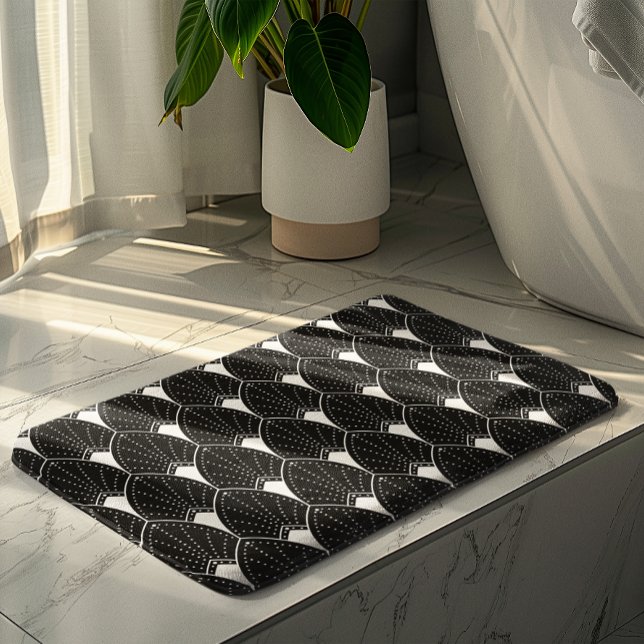White Art Deco Pattern On Black Background Bath Mat (Creator Uploaded)