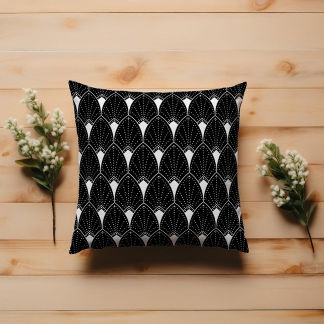 White Art Deco Pattern On Black Background Cushion (Creator Uploaded)