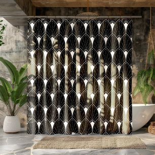 White Art Deco Pattern On Black Background Shower Curtain
