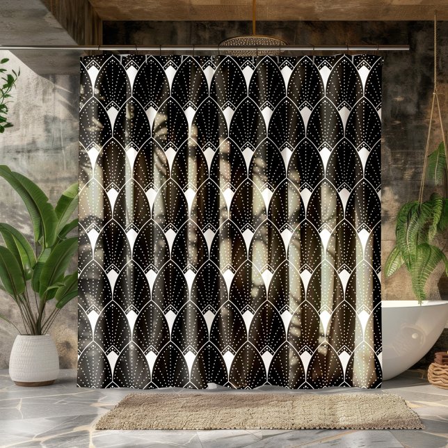 White Art Deco Pattern On Black Background Shower Curtain (Creator Uploaded)