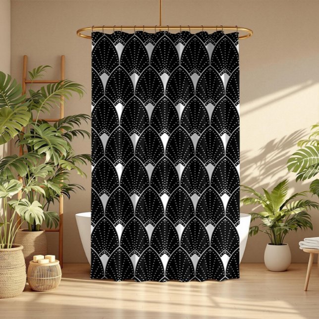 White Art Deco Pattern On Black Background Shower Curtain (Creator Uploaded)