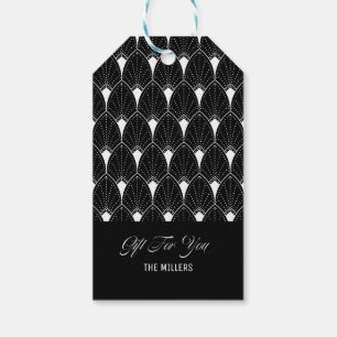 White Art Deco Pattern On Black Gift Tags