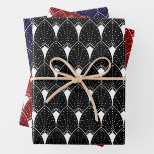 White Art Deco Pattern On Black Wrapping Paper Sheet