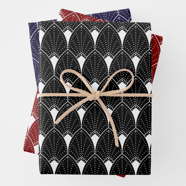 White Art Deco Pattern On Black Wrapping Paper Sheet (In situ)