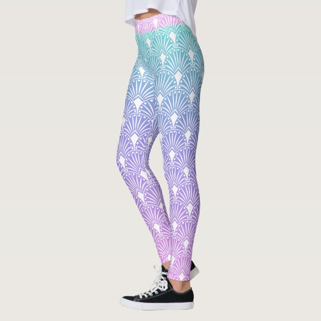 White art deco pattern on blue and purple gradient leggings (Left)