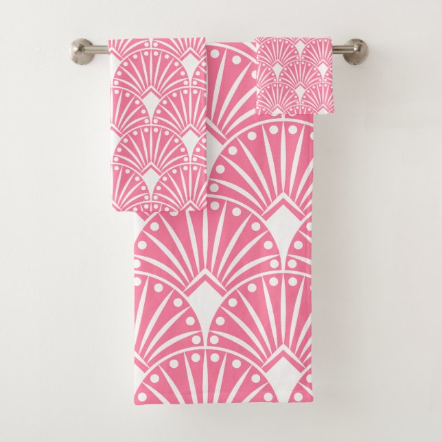 White Art Deco pattern on pink background Bath Towel Set (Insitu)