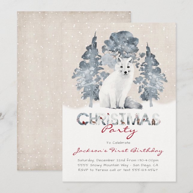 White Artic Fox Woodland Christmas Birthday Party Invitation (Front/Back)