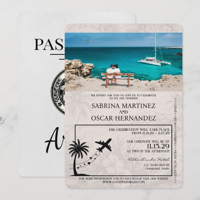 White Aruba Passport Wedding Invitation (Front/Back)