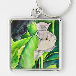 White Arum Lily watercolor tropical floral Key Ring