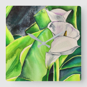 White Arum Lily watercolor tropical floral Square Wall Clock