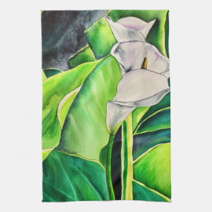 White Arum Lily watercolor tropical floral Tea Towel