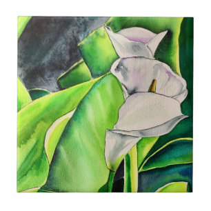White Arum Lily watercolor tropical floral Tile