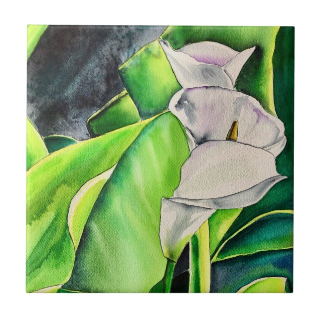 White Arum Lily watercolor tropical floral Tile (Front)