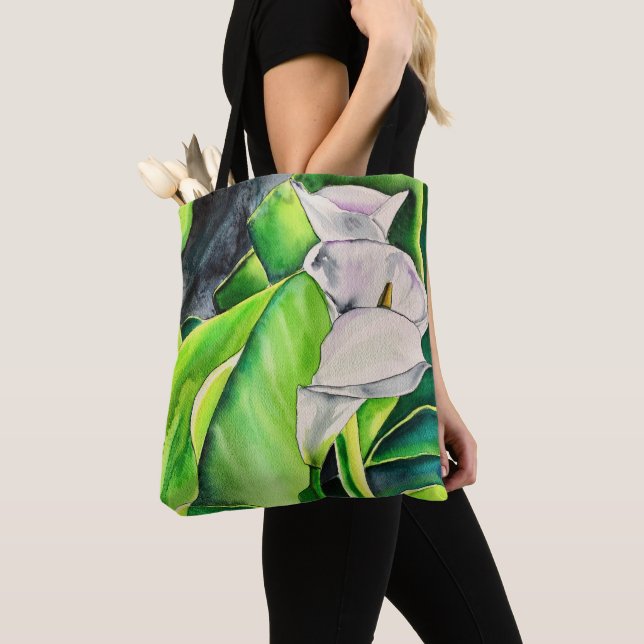 White Arum Lily watercolor tropical floral Tote Bag (Close Up)