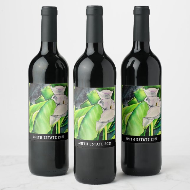 White Arum Lily watercolor tropical floral Wine Label (Bottles)