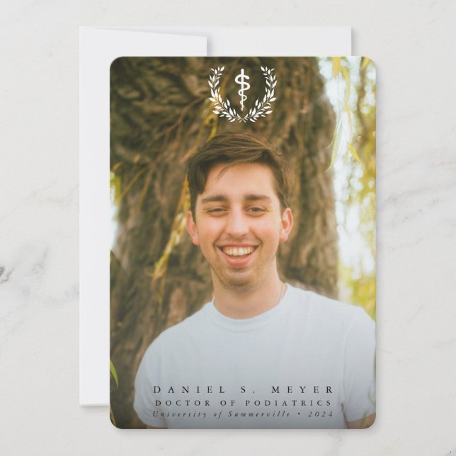 White Asclepius Medical School 2 Photo Graduation Announcement (Front)
