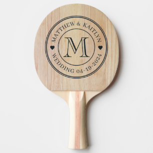 White Ash Wood Wedding Monogram Heart Ping Pong Paddle