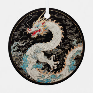 White Asian Dragon and Clouds Metal Tree Decoration