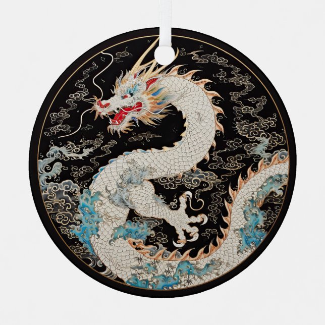 White Asian Dragon and Clouds Metal Tree Decoration (Front)