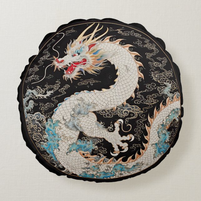 White Asian Dragon and Clouds Round Pillow (Front)