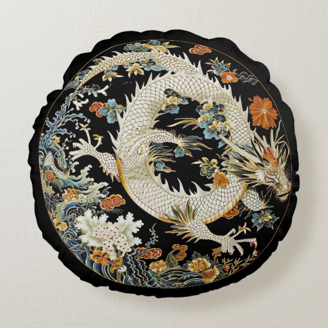 White Asian Dragon and flowers Round Pillow (Front)