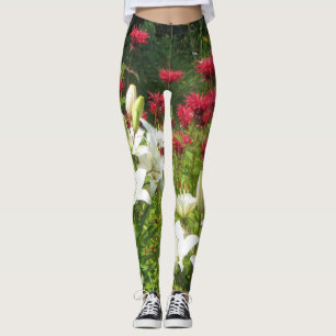 White Asiatic Lilies Red Bee Balm Leggings