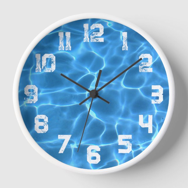 White Athletic Grunge Numbers Blue Swimming Pool Clock (Front)