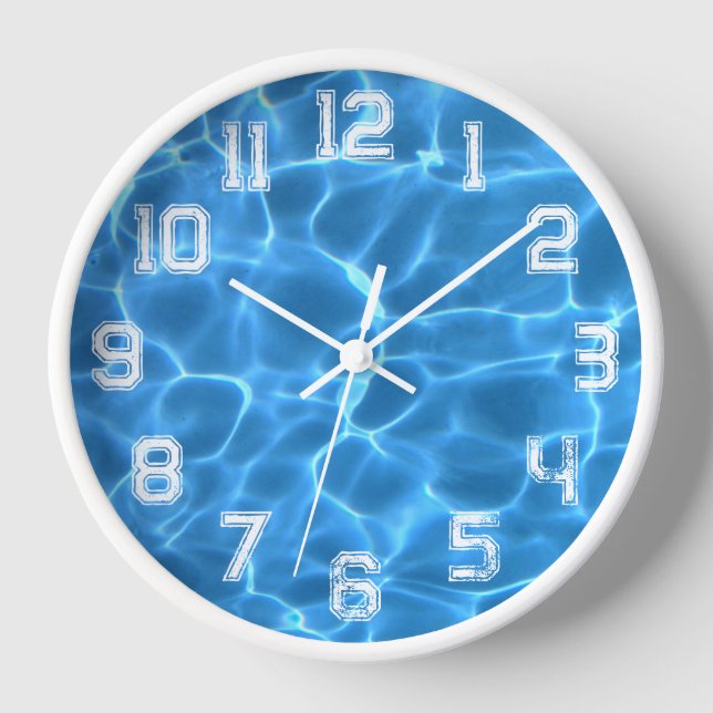 White Athletic Outline Grunge Number Swimming Pool Clock (Front)