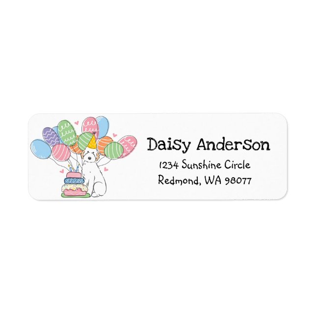 White Aussiedoodle Birthday Party Return Address (Front)