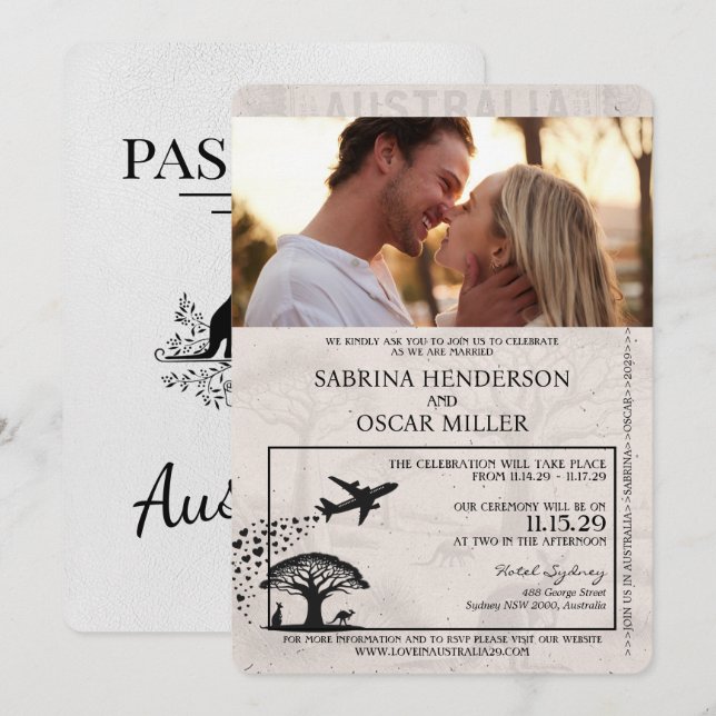 White Australia Passport Wedding Invitation (Front/Back)