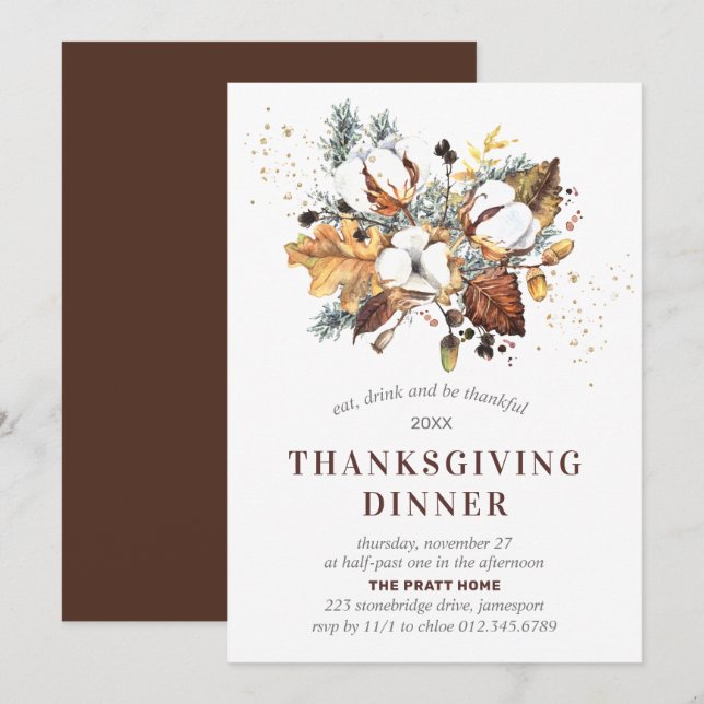 White Autumn Floral Thanksgiving Dinner Invitation (Front/Back)