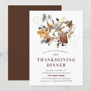 White Autumn Floral Thanksgiving Dinner Invitation