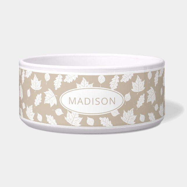 White Autumn Leaves Pattern On Beige & Pet's Name (Front)