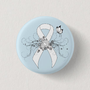 White Awareness Ribbon with Butterfly 3 Cm Round Badge