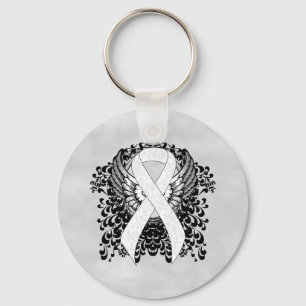 White Awareness Ribbon with Wings Key Ring
