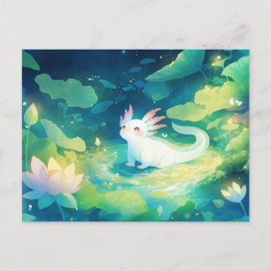 White Axolotl in Magical Night Lotus Pond Postcard