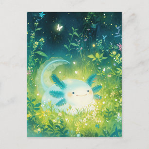 White Axolotl in Magical Sparkling Night Garden Postcard