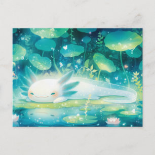White Axolotl Resting in Magical Teal Pond Postcard