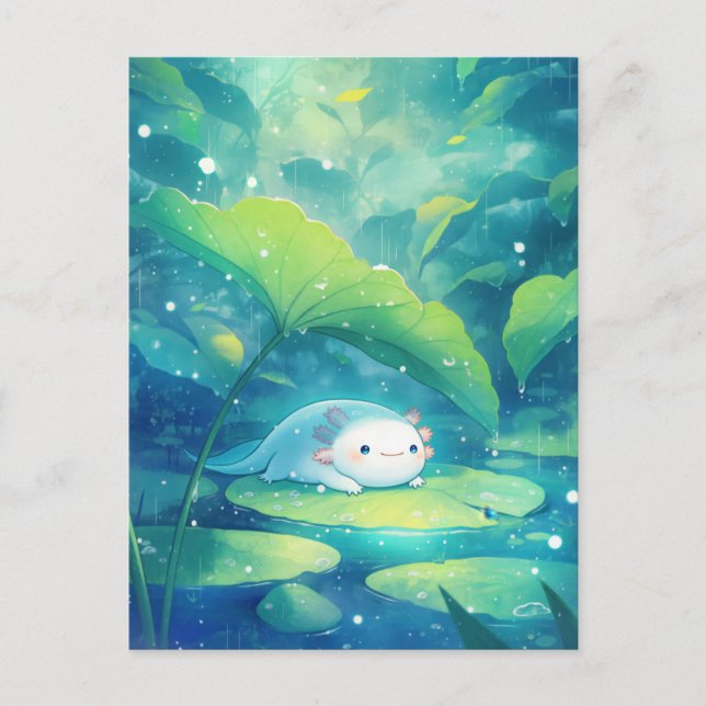 White Axolotl Sheltering Under Green Lily Pad Postcard (Front)