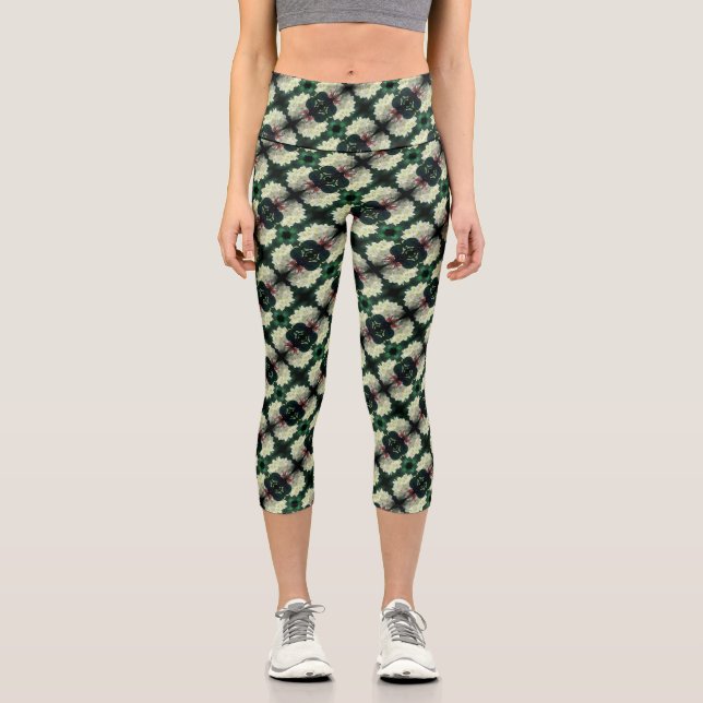 White Azalea Flower Abstract Pattern   Capri Leggings (Front)