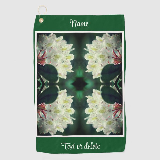White Azalea Flower Raindrops Personalised Golf Towel (Front)