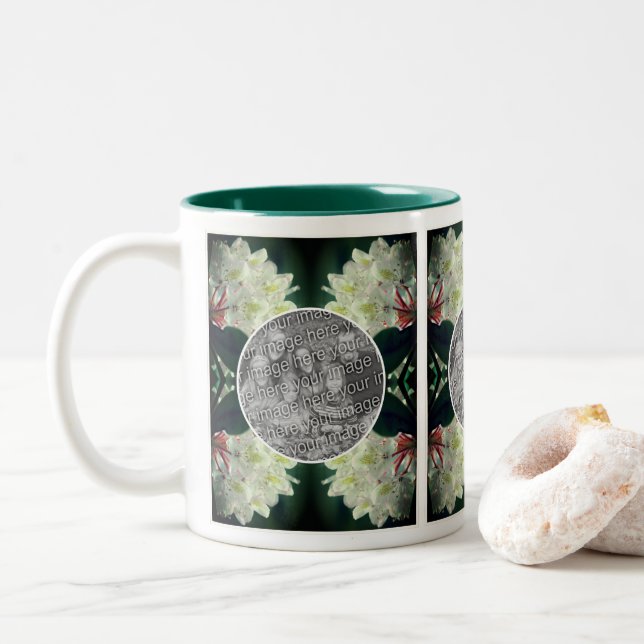 White Azalea Flowers Frame Add Your Photo Two-Tone Coffee Mug (With Donut)